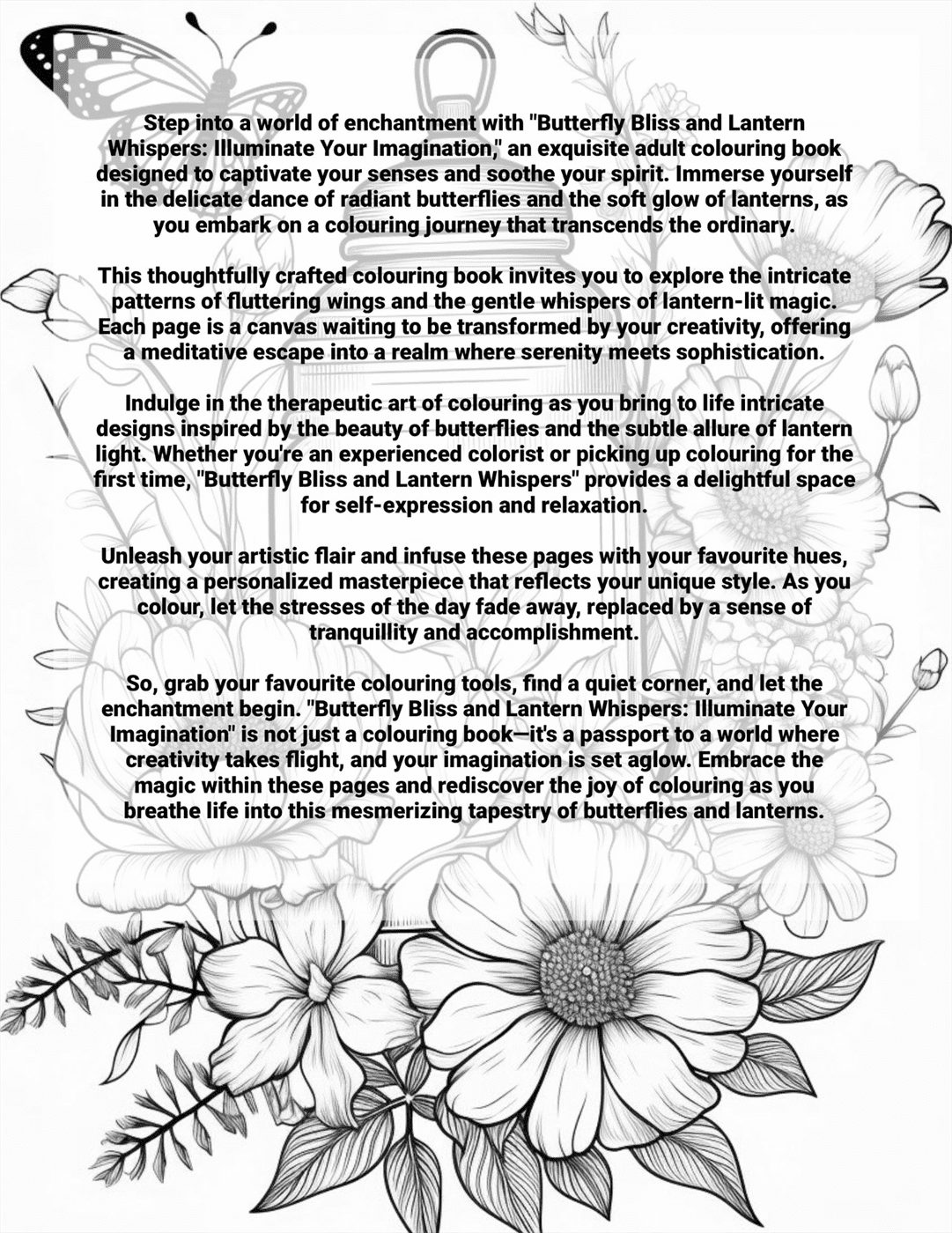 Coloring book page with butterfly and flower designs and text inviting readers to explore creativity and imagination.