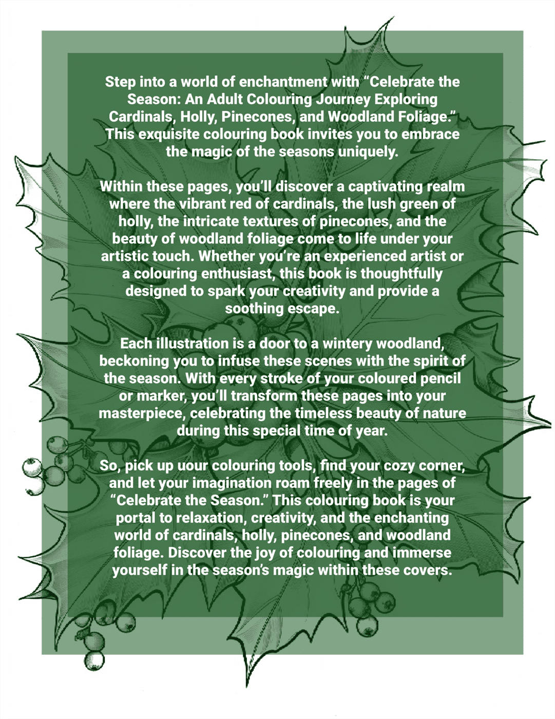 Text describing a colouring book on a green background with decorative elements.