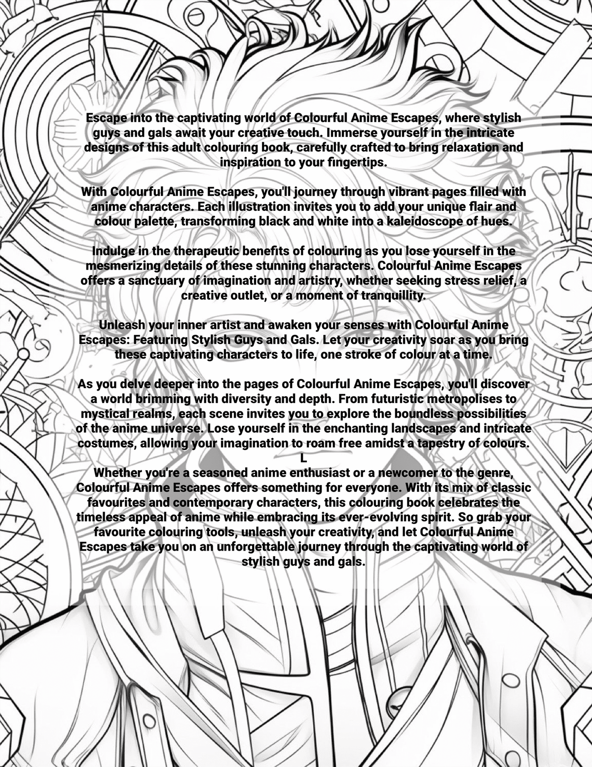 Coloring book page with text and anime character design
