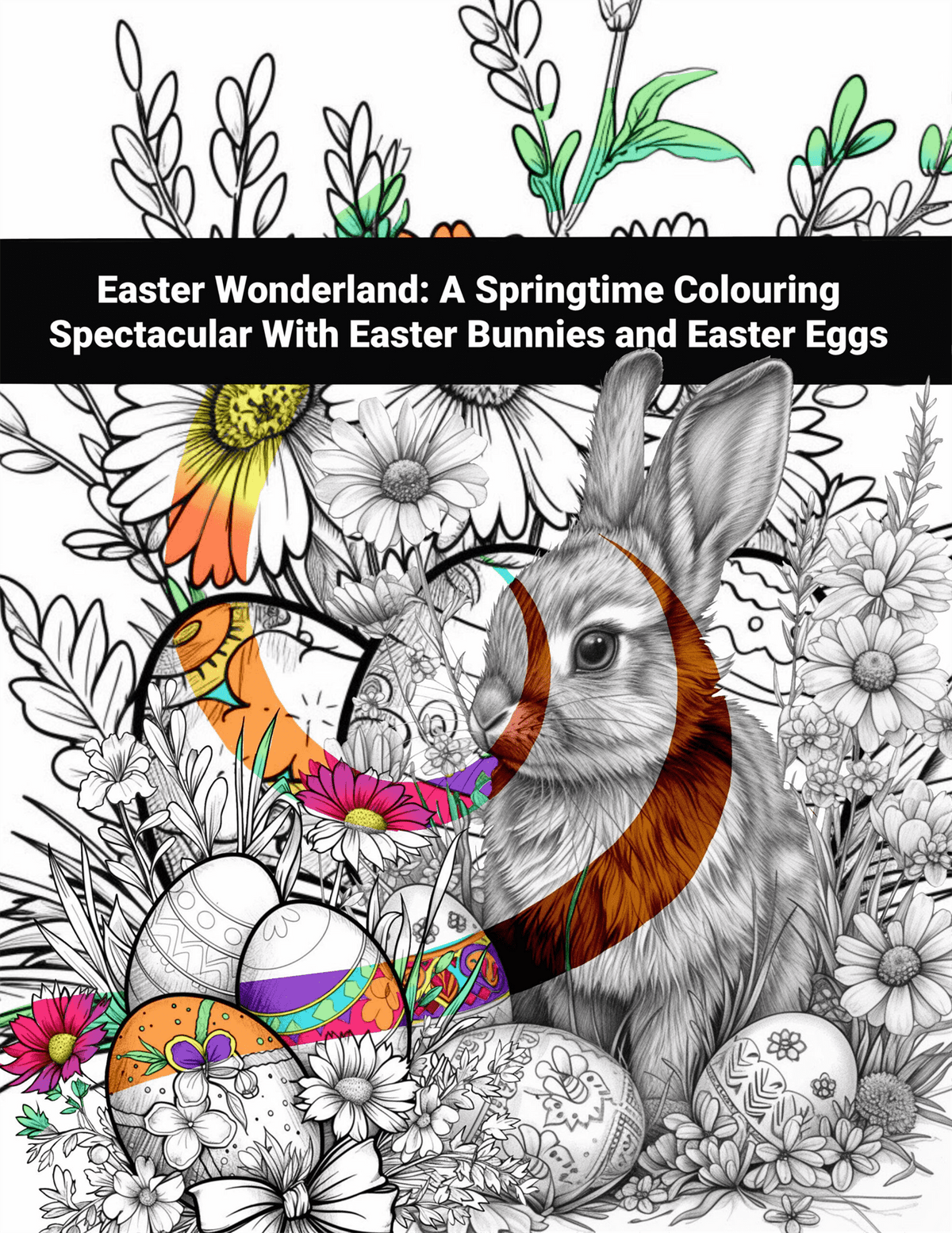 Coloring book page with Easter bunny and eggs surrounded by flowers and text 'Easter Wonderland'.