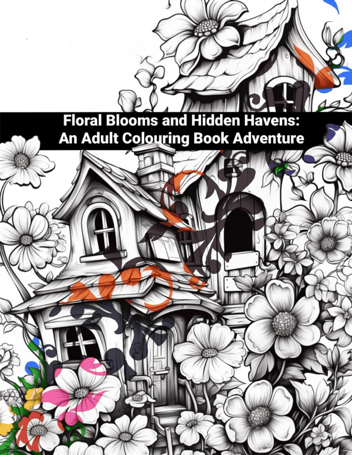 Coloring book cover with houses and flowers, titled 'Floral Blooms and Hidden Havens'.