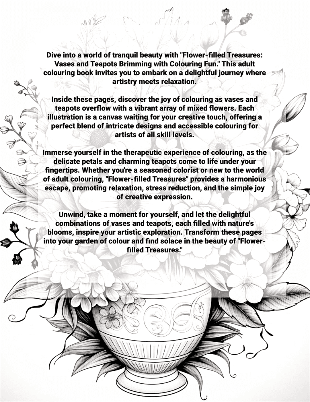 Flower-filled treasures colouring book with text and a vase illustration on a white background, Back Cover.