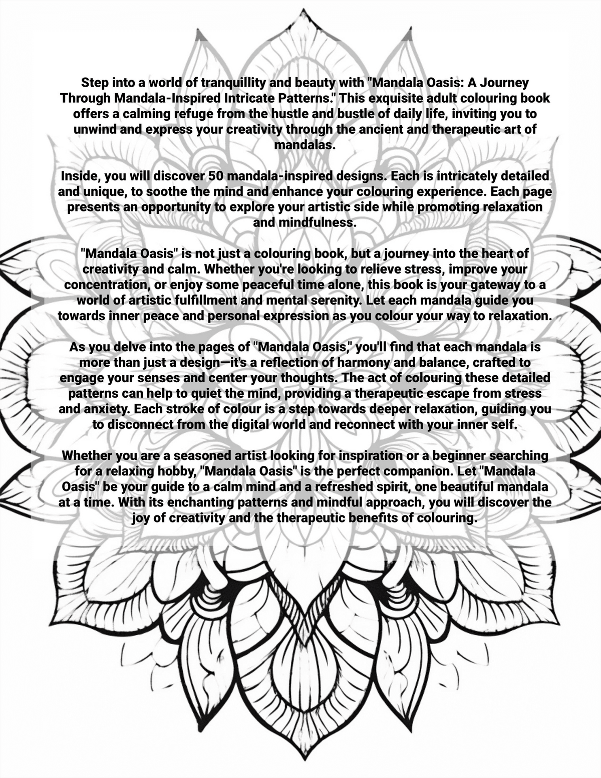 Mandala design with text about 'Mandalas Oasis' colouring book on a white background