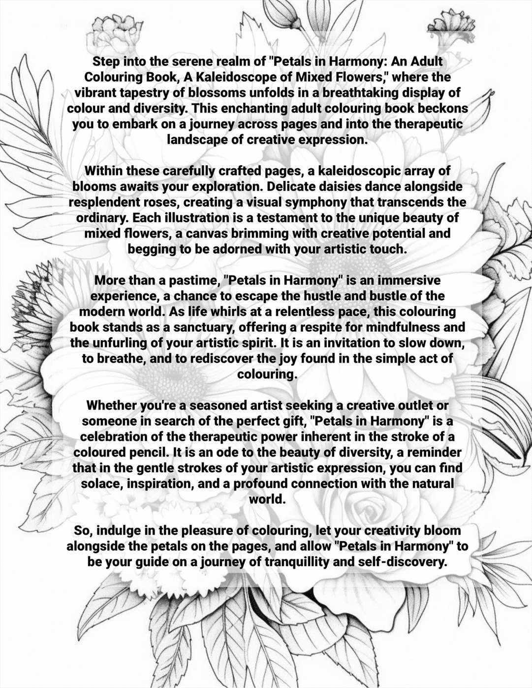 Promotional text for 'Petals in Harmony' adult coloring book with floral illustrations.