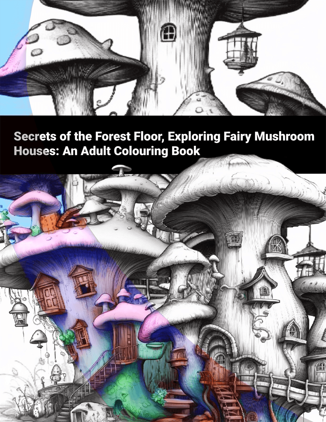 Adult coloring book with mushroom houses and fantasy elements on a black background