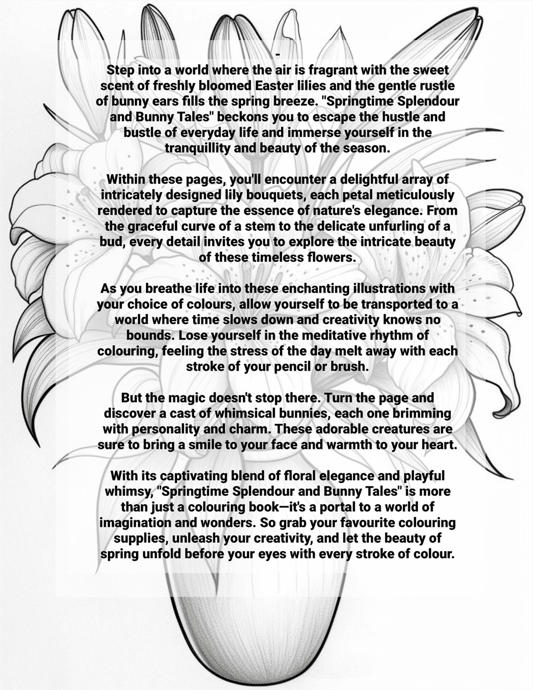 Page from a coloring book with floral design and text on a white background
