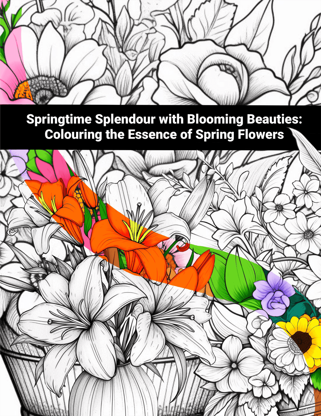 Coloring book page with spring flowers and text 'Springtime Splendour with Blooming Beauties'.