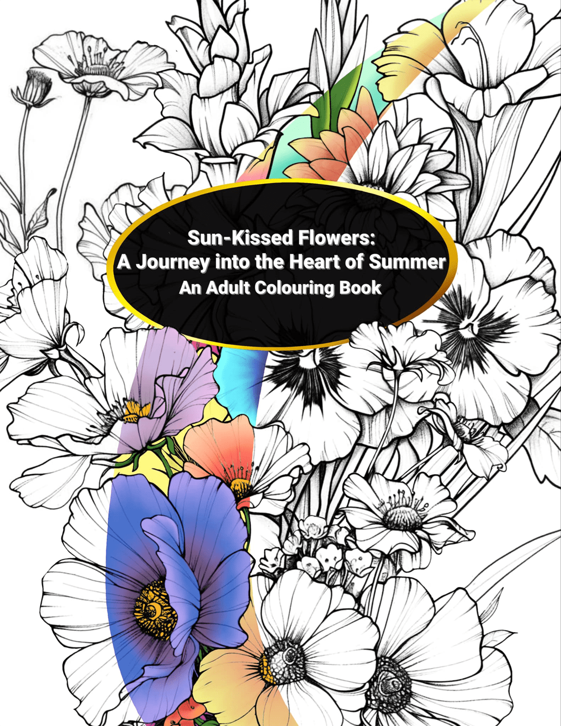 Coloring book cover with floral designs and text 'Sun-Kissed Flowers: A Journey into the Heart of Summer'.