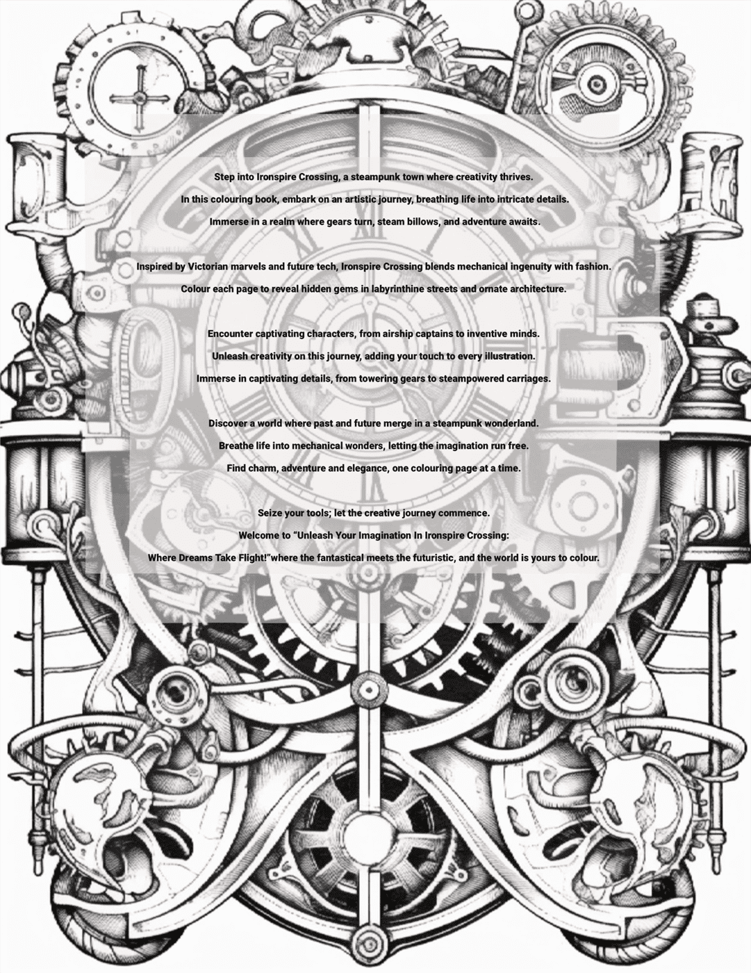 Steampunk-themed coloring book page with intricate mechanical design and text.