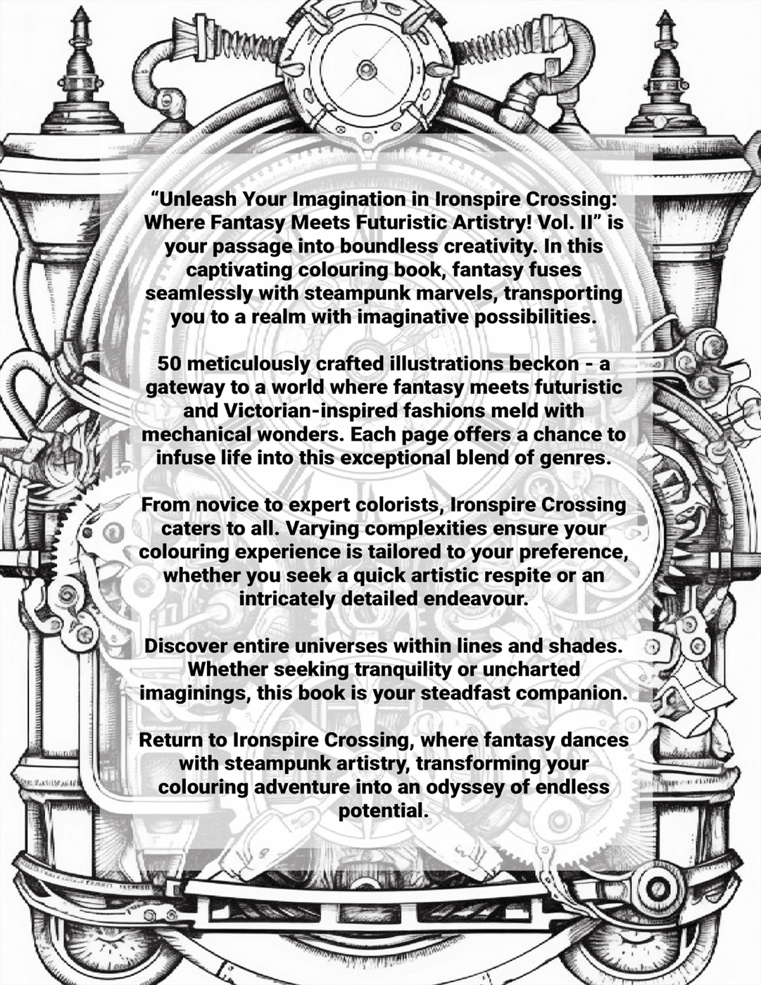 Steampunk-themed cover with text about 'Ironspire Crossing' coloring book