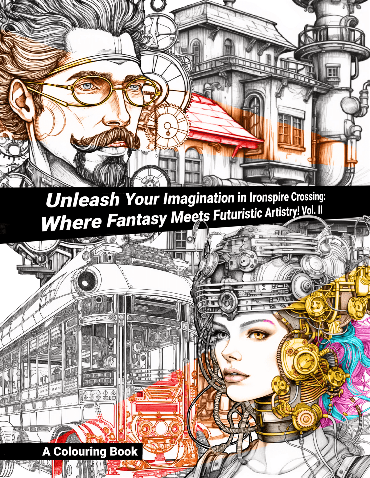 Coloring book with fantasy and futuristic art, featuring a man with glasses and a woman with mechanical elements.