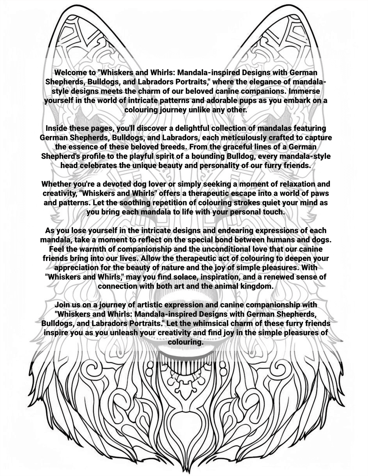 Mandala-inspired design with text about Whiskers and Whirls coloring book for dogs and their owners.