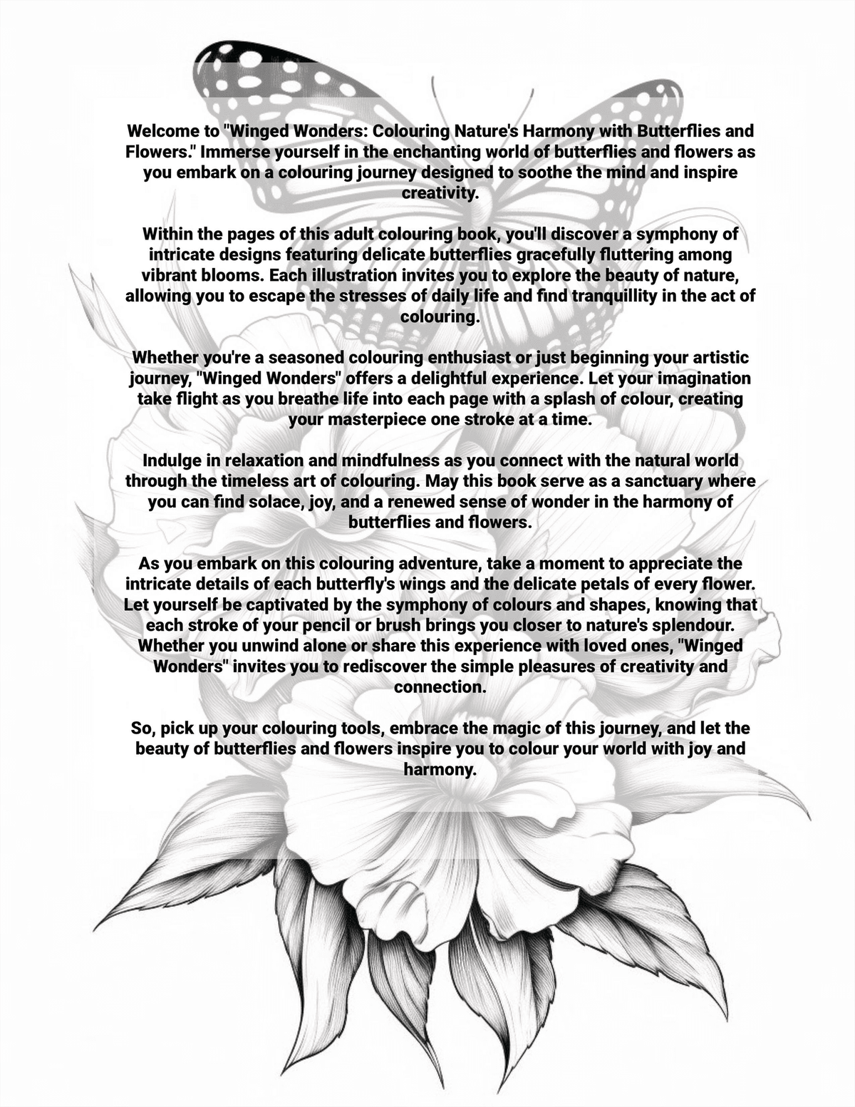 Page from a coloring book with butterfly and flower design and text introduction.