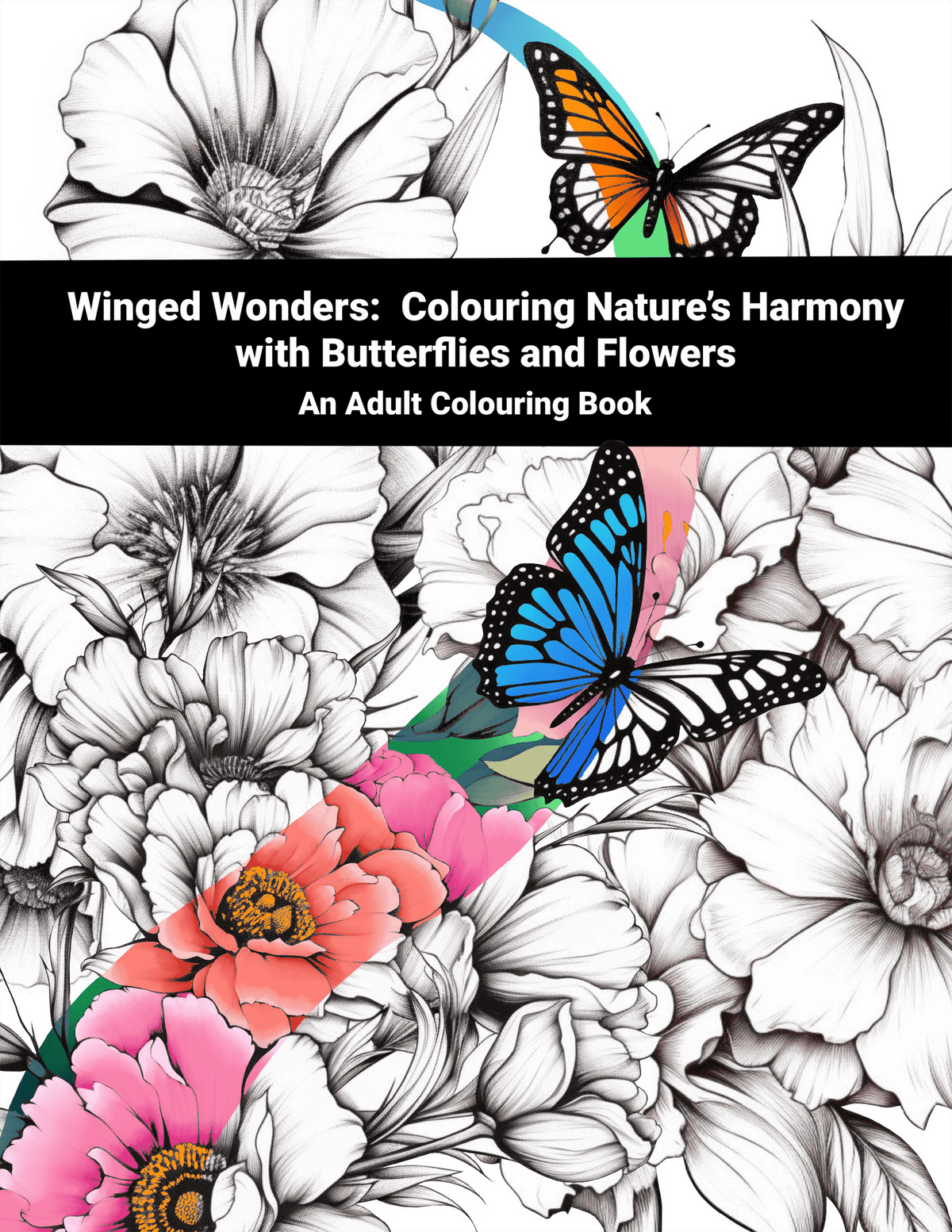 Adult coloring book with butterflies and flowers on a black background