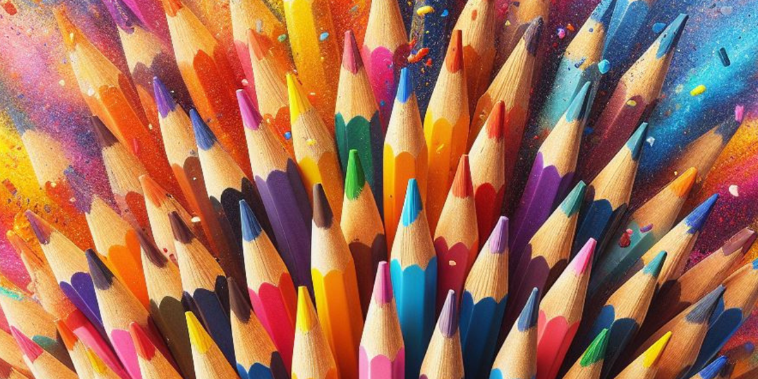 Pencil crayons bursting with colour.