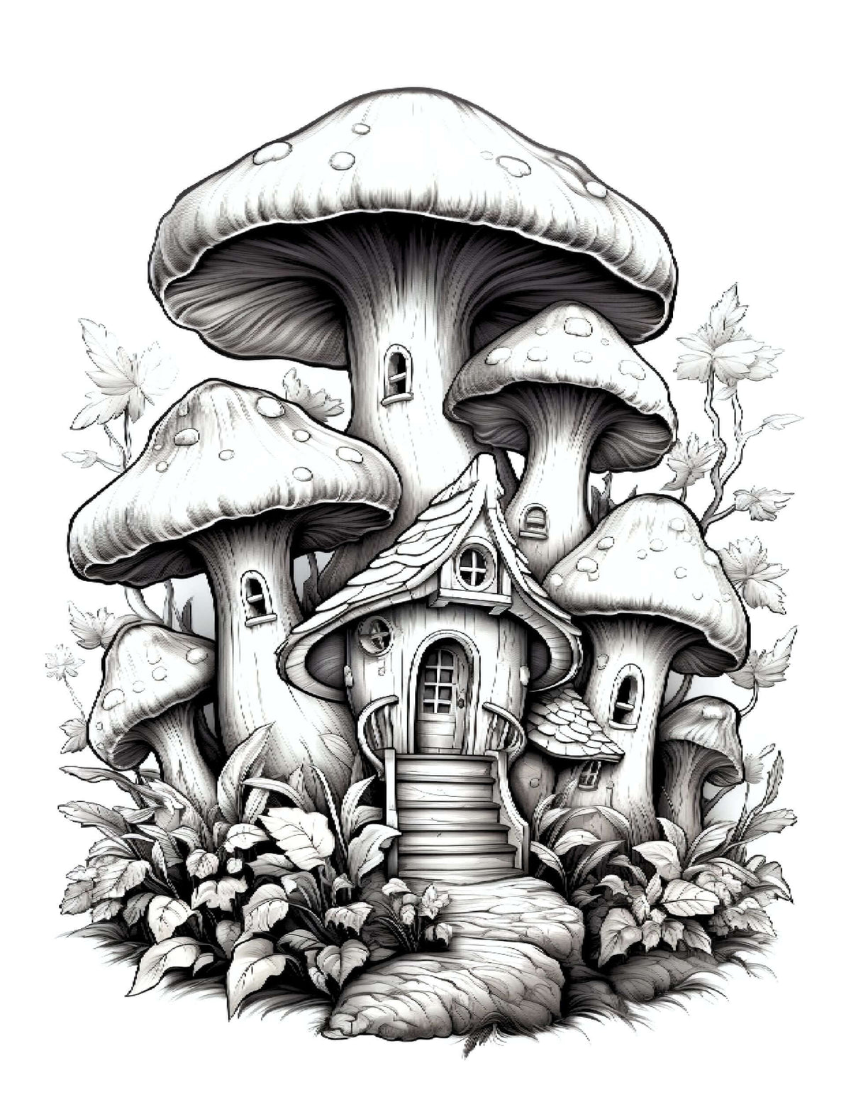 Illustration of a mushroom house with a whimsical design, surrounded by foliage.