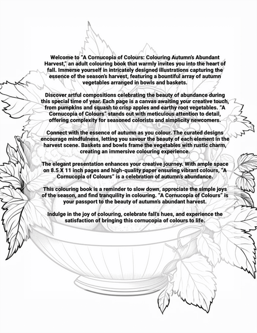 Page from an adult coloring book with text and a design of vegetables in a basket.