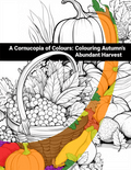 Coloring book page with autumn-themed illustrations including pumpkins, leaves, and a basket of fruit.