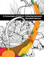 Coloring book page with autumn-themed illustrations including pumpkins, leaves, and a basket of fruit.