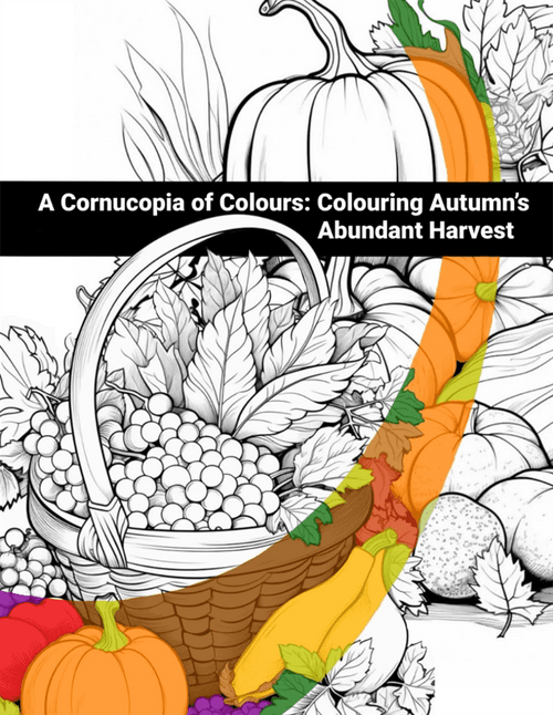 Coloring book page with autumn-themed illustrations including pumpkins, leaves, and a basket of fruit.