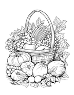 Basket of fruits and vegetables with leaves on a white background