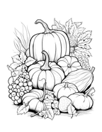 Black and white illustration of pumpkins, grapes, and leaves on a white background