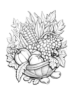 Black and white illustration of a basket with fruits and vegetables on a white background
