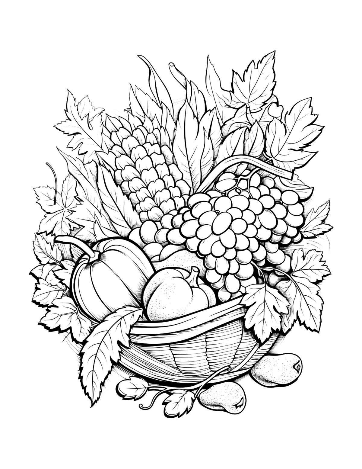Black and white illustration of a basket with fruits and vegetables on a white background