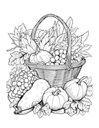 Black and white illustration of a basket with fruits and vegetables surrounded by leaves.