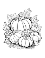 Black and white illustration of pumpkins and grapes with leaves on a white background