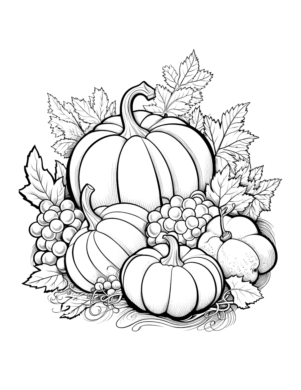 Black and white illustration of pumpkins and grapes with leaves on a white background