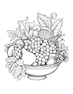 Black and white illustration of a bowl of fruit with grapes, pears, and leaves.