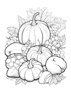Black and white illustration of pumpkins and fruits with leaves on a white background