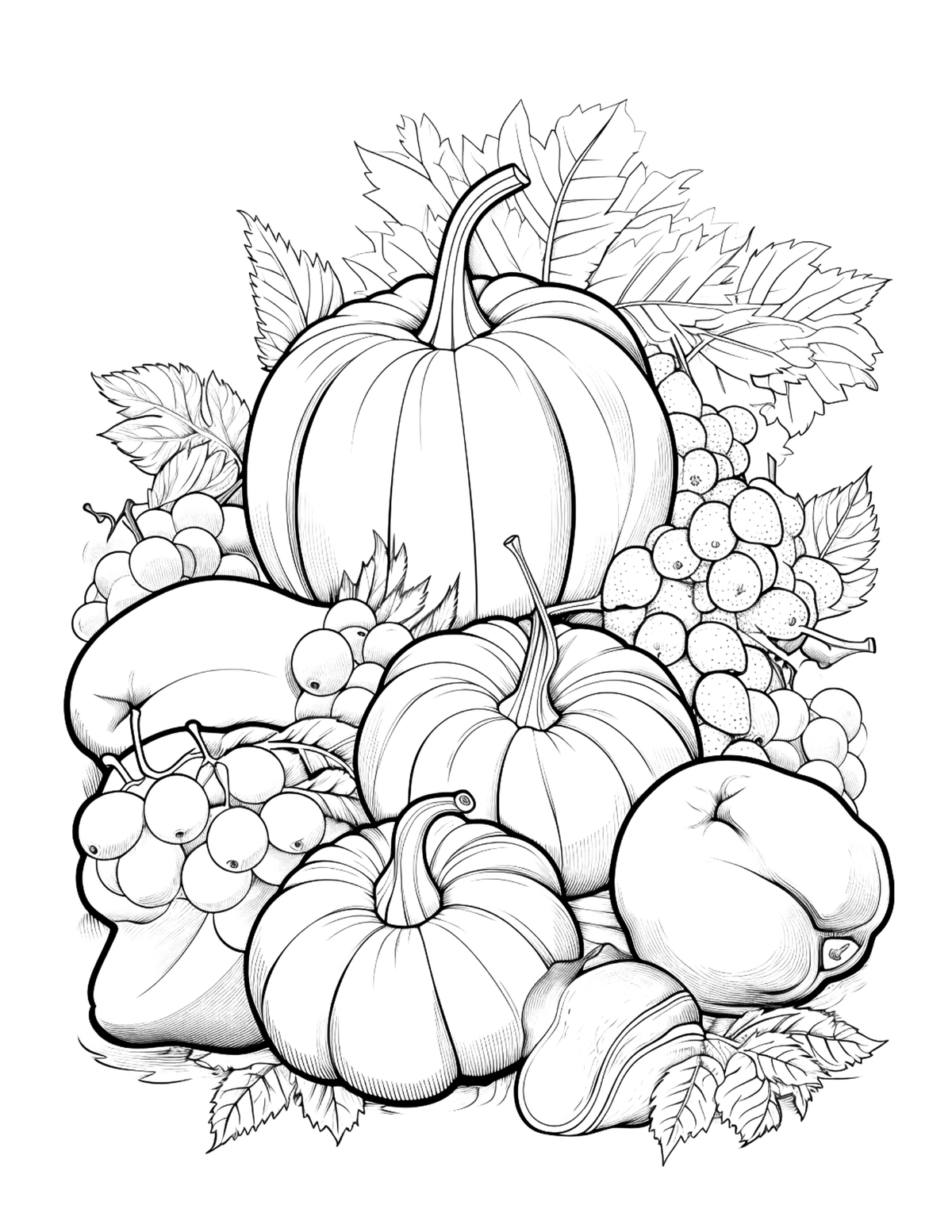 Black and white illustration of pumpkins and fruits with leaves on a white background