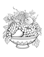Black and white illustration of a bowl with fruits and leaves