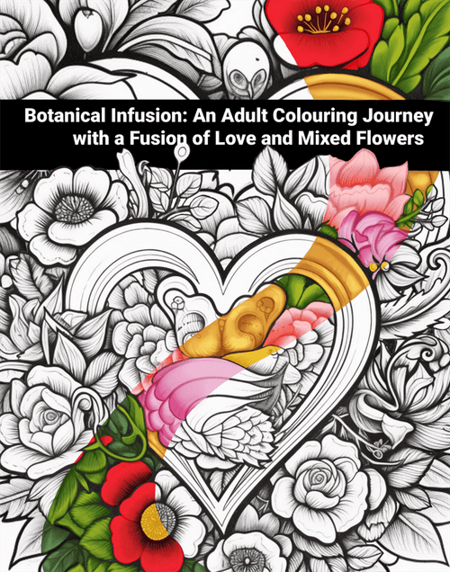 Coloring book with heart design and floral elements on a white background