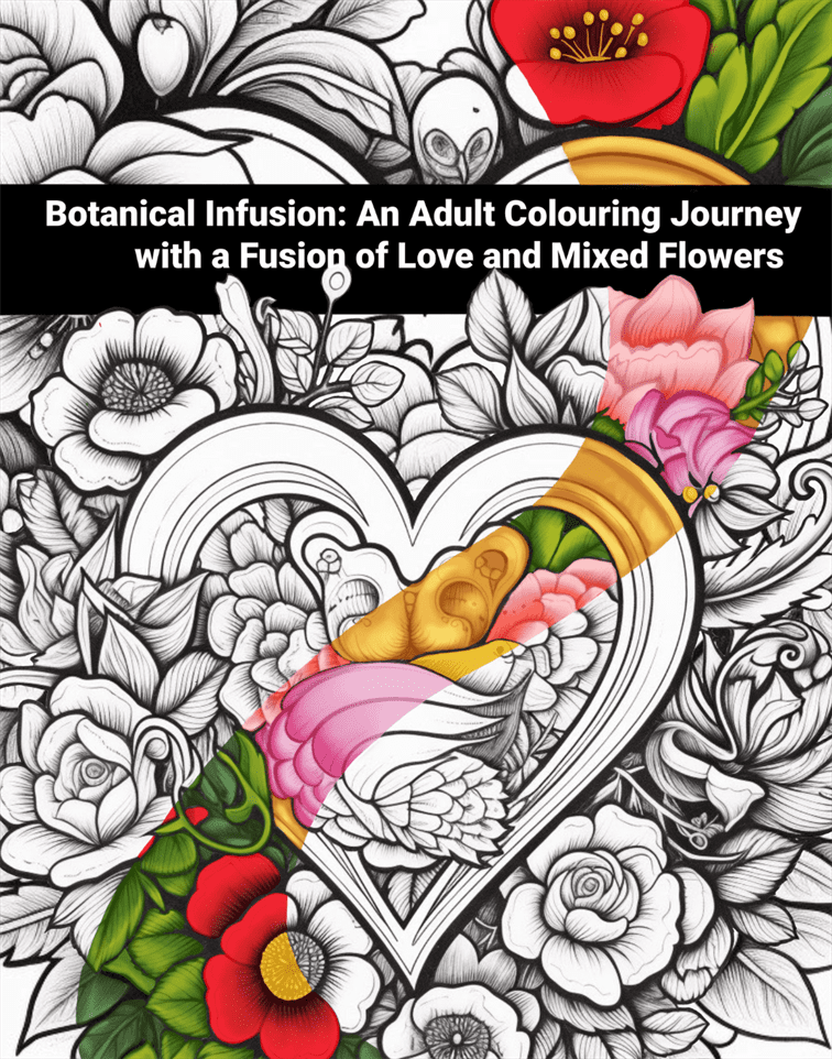 Coloring book with heart design and floral elements on a white background