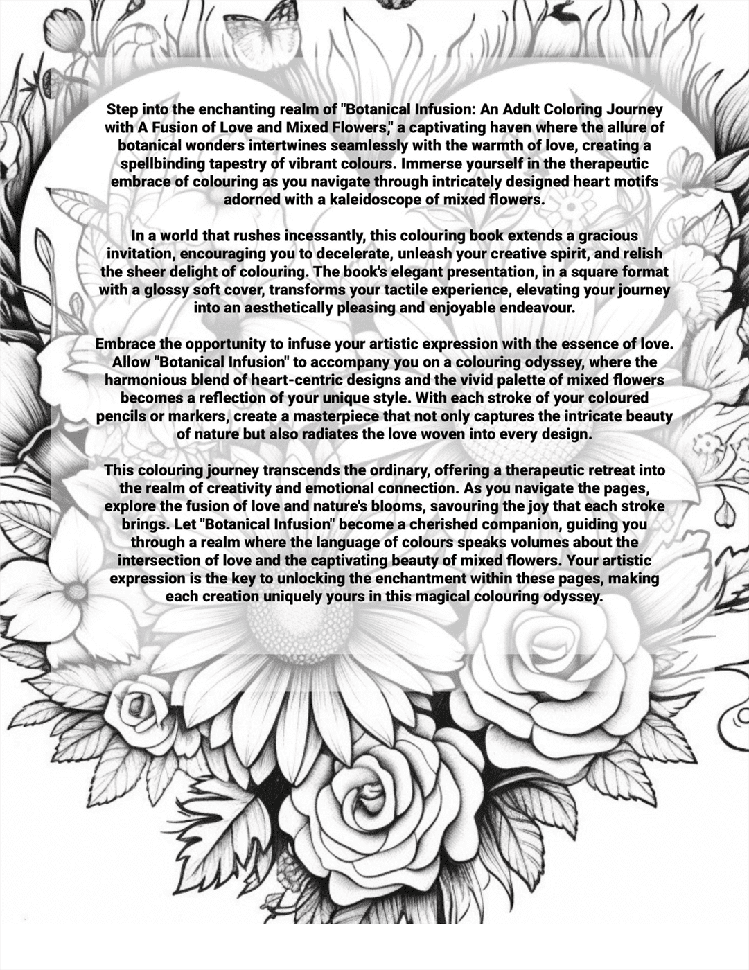 Botanical Infusion: An Adult Colouring Journey with A Fusion of Love and Mixed Flowers.
