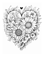 Black and white illustration of flowers arranged in a heart shape on a white background