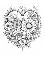 Black and white floral design with various flowers and leaves on a white background