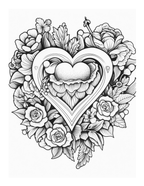Black and white heart design surrounded by flowers on a white background