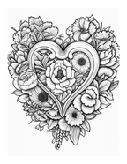 Black and white heart-shaped floral design on a white background