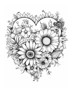 Black and white illustration of flowers and leaves forming a heart shape on a white background.