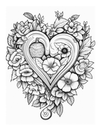 Black and white heart-shaped design with floral elements on a white background