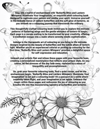 Coloring book page with butterfly and flower designs and text inviting readers to explore creativity and imagination.