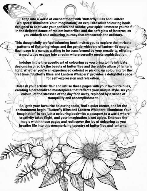 Coloring book page with butterfly and flower designs and text inviting readers to explore creativity and imagination.