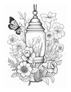 Black and white illustration of a lantern with flowers and a butterfly.
