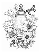 Black and white illustration of a lantern surrounded by flowers and a butterfly.