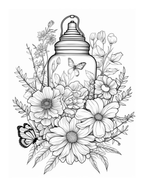 Black and white illustration of a lantern with flowers and butterflies