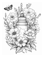 Black and white illustration of a bottle surrounded by flowers and leaves on a white background